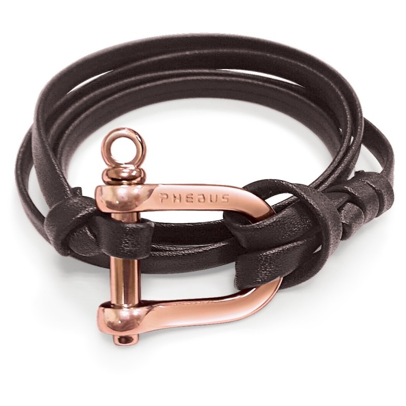 Bracelet Homme Phebus Acier doré rose et  Cuir noir