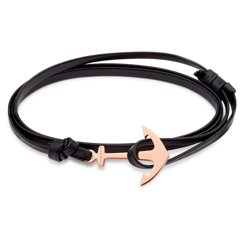 Bracelet Homme Phebus Acier doré rose et  Cuir noir motif ancre
