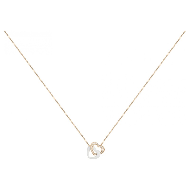 Collier fantaisie doubles coeurs entremêlés femme carador en plaqué or avec oxydes de zirconium et céramique blanche