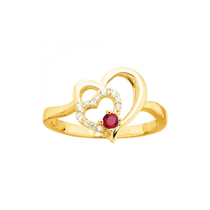 Bague fantaisie femme carador en plaqué or avec oxydes de zirconium et spinelle rouge motif cœurs entrelacés