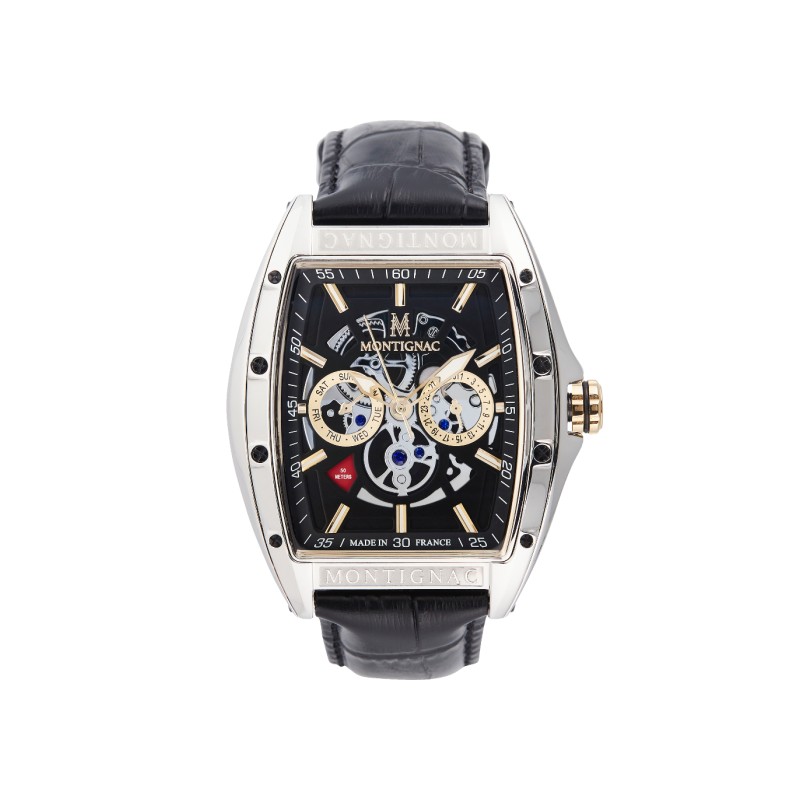 Montre Montignac boitier tonneau bracelet en cuir noir