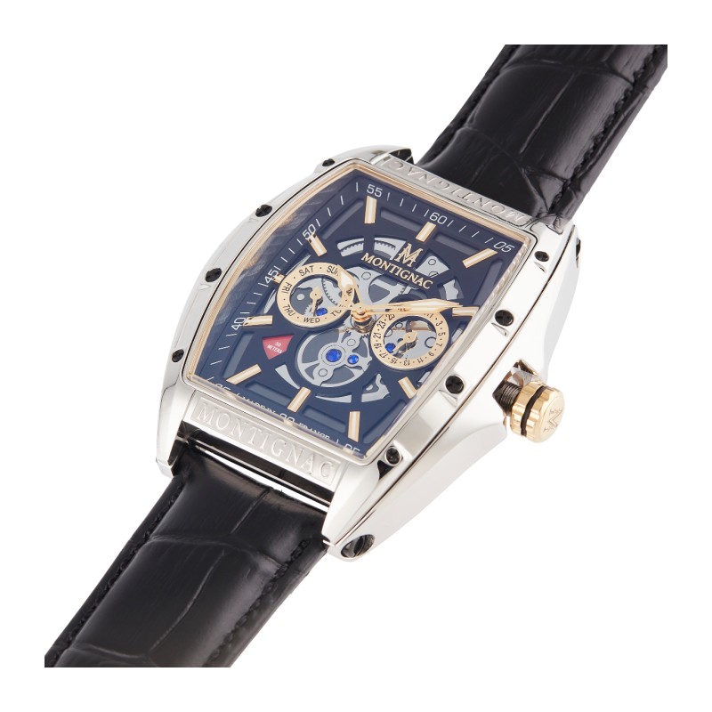 Montre Montignac boitier tonneau bracelet en cuir noir