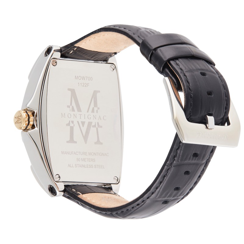 Montre Montignac boitier tonneau bracelet en cuir noir
