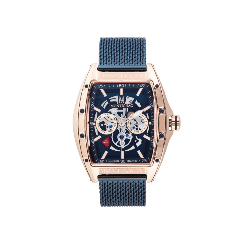 Montre Montignac boitier tonneau bracelet milanais bleu