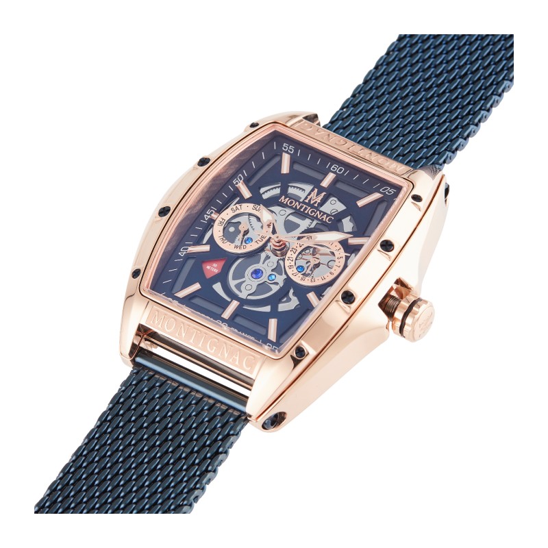 Montre Montignac boitier tonneau bracelet milanais bleu