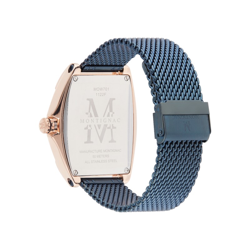 Montre Montignac boitier tonneau bracelet milanais bleu