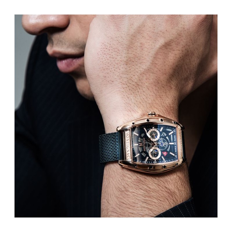 Montre Montignac boitier tonneau bracelet milanais bleu