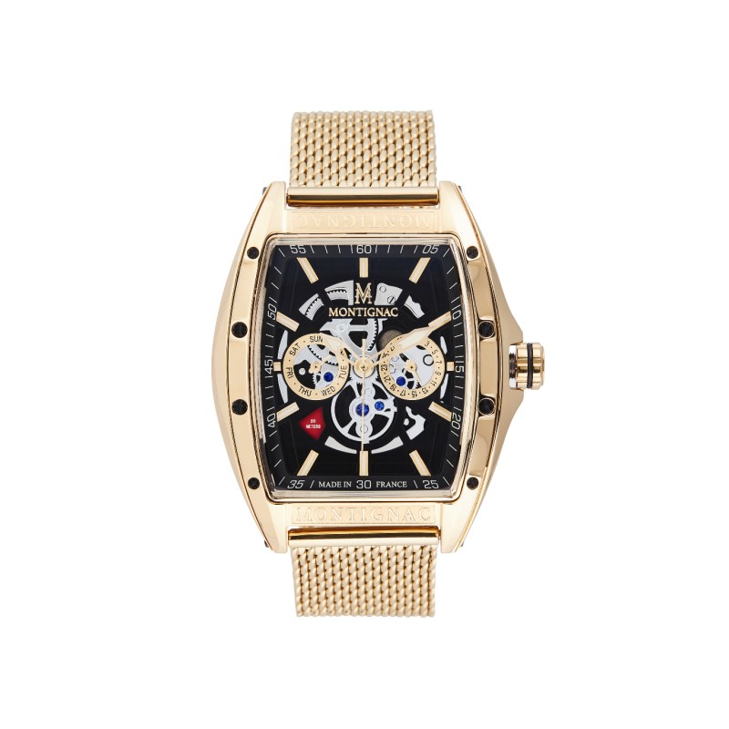 Montre Montignac boitier tonneau bracelet milanais doré