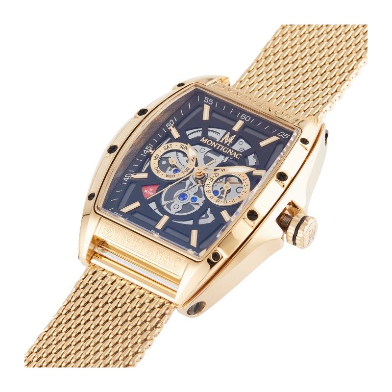 Montre Montignac boitier tonneau bracelet milanais doré