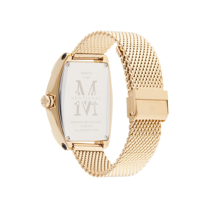 Montre Montignac boitier tonneau bracelet milanais doré