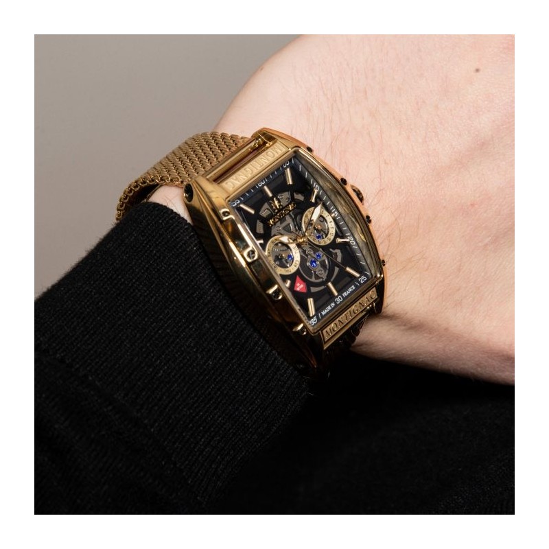 Montre Montignac boitier tonneau bracelet milanais doré
