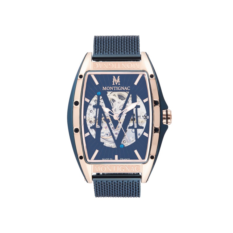 Montre Montignac automatique boitier tonneau bracelet milanais bleu