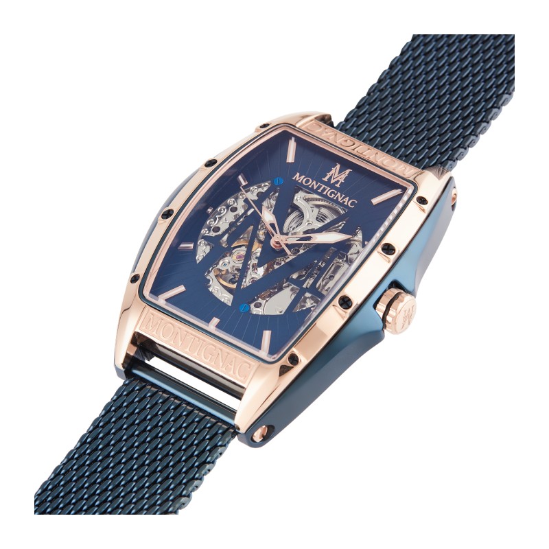 Montre Montignac automatique boitier tonneau bracelet milanais bleu