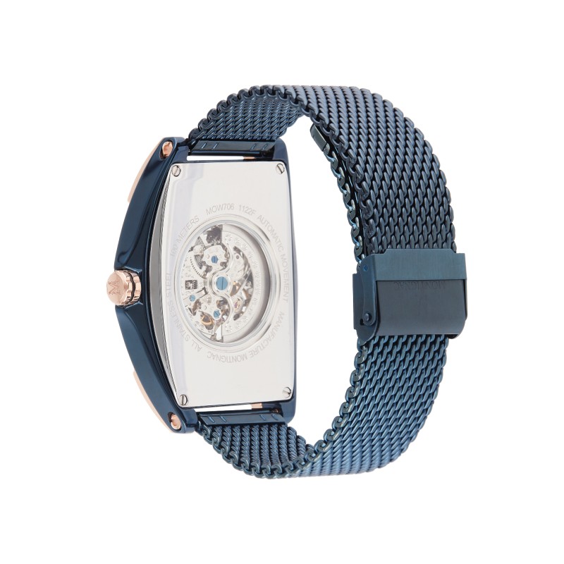 Montre Montignac automatique boitier tonneau bracelet milanais bleu