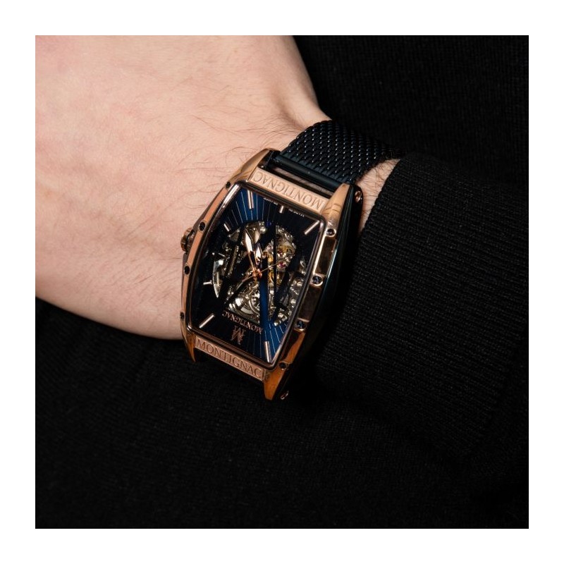 Montre Montignac automatique boitier tonneau bracelet milanais bleu