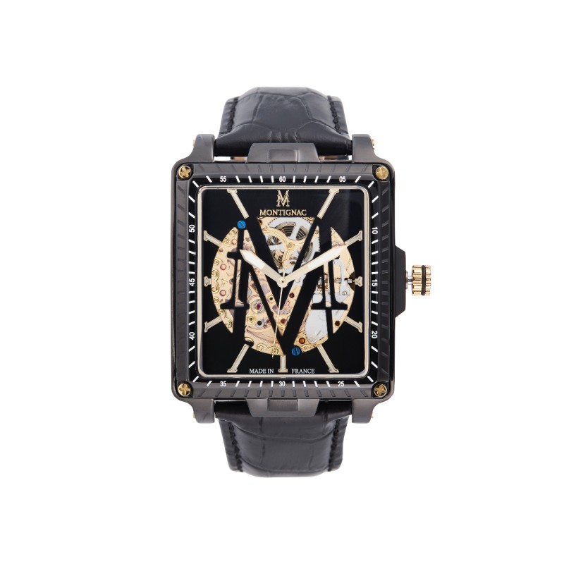 Montre Montignac automatique boitier rectangle bracelet en cuir noir