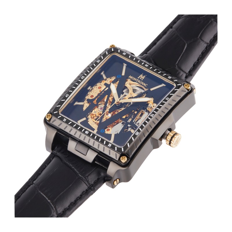 Montre Montignac automatique boitier rectangle bracelet en cuir noir