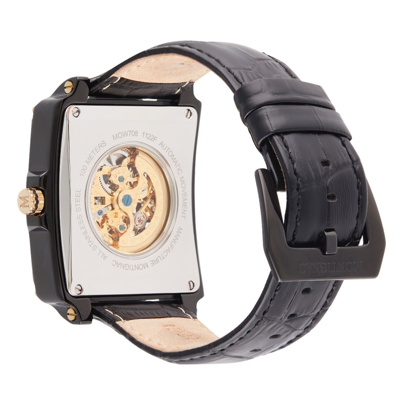 Montre Montignac automatique boitier rectangle bracelet en cuir noir