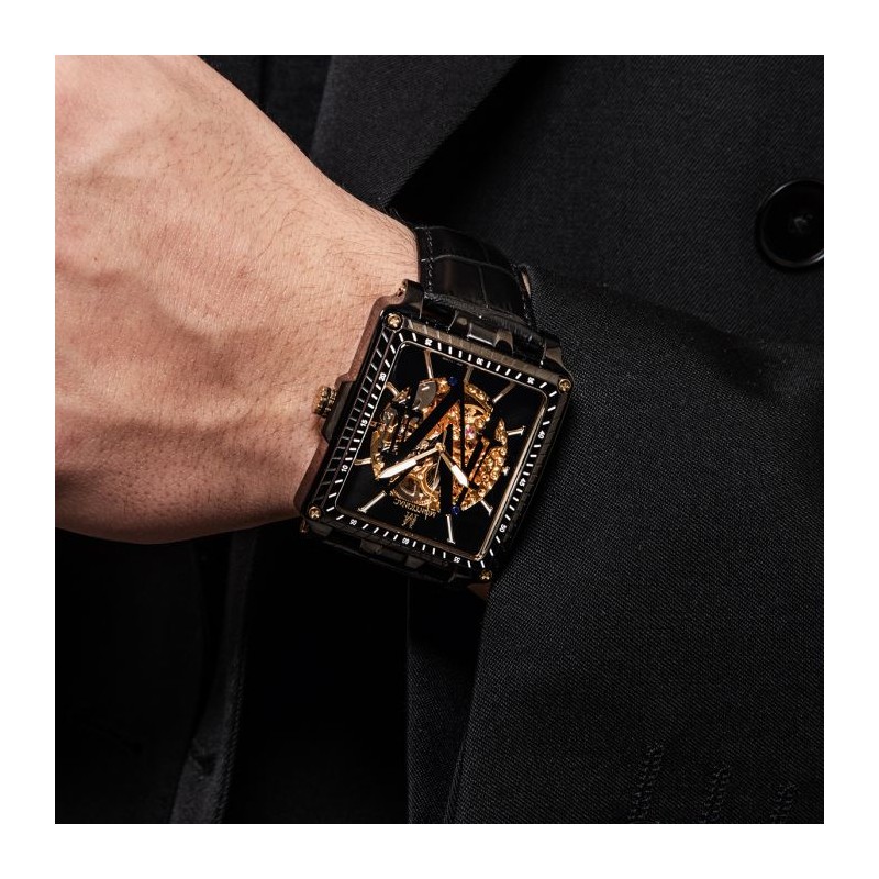 Montre Montignac automatique boitier rectangle bracelet en cuir noir