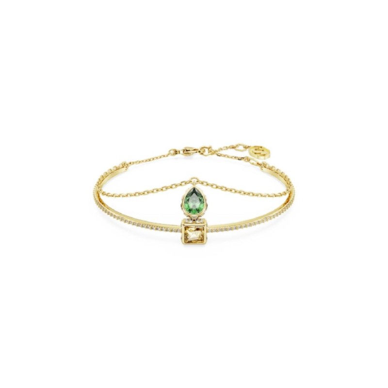 Bracelet fantaisie jonc et chaînette Swarovski femme métal doré avec cristaux jaune et vert collection Stilla