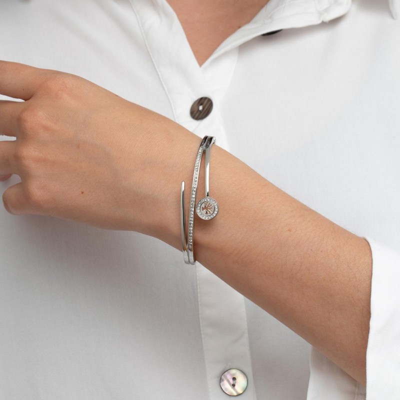 Bracelet Rigide Lotus Style femme arbre de vie en acier argenté