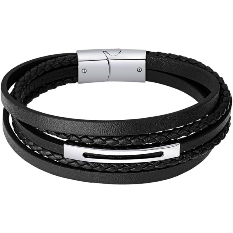 Bracelet Multi liens Lotus Style homme en cuir et acier argenté