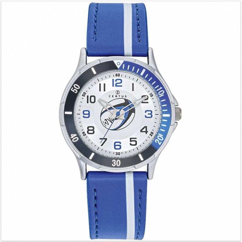 Montre Certus junior bracelet cuir bleu et liseré blanc  motif ballon rugby
