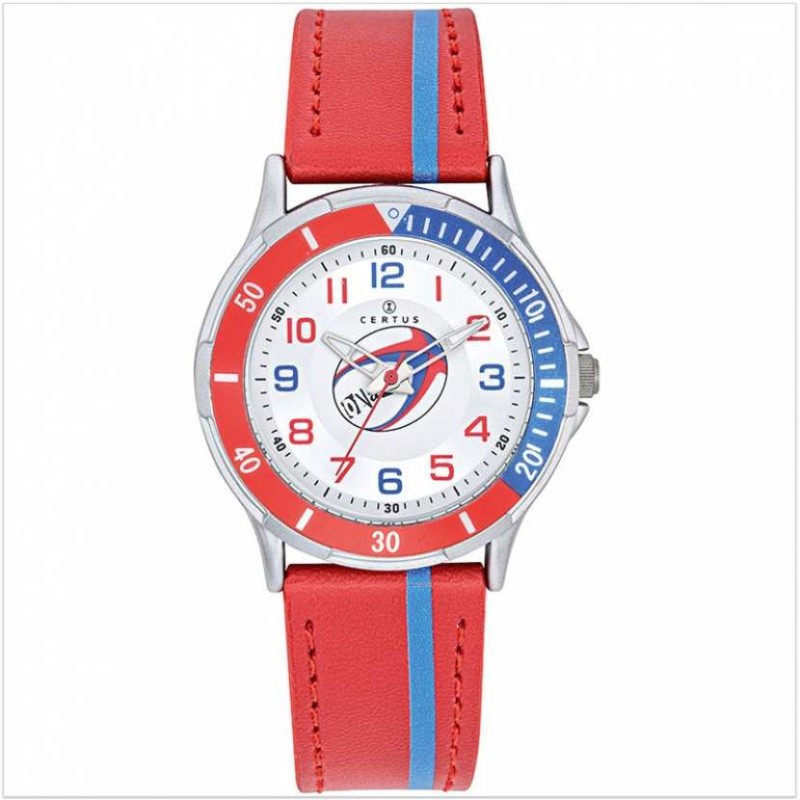 Montre Certus junior bracelet cuir rouge et liseré bleu motif ballon rugby