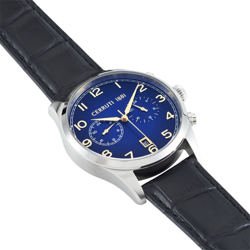 Montre Cerruti 1881 Cavareno Homme bracelet cuir noir effet croco fond de cadran bleu