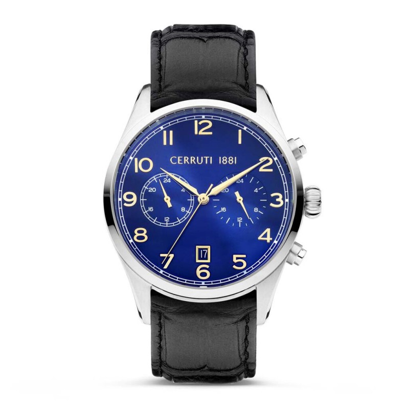 Montre Cerruti 1881 Cavareno Homme bracelet cuir noir effet croco fond de cadran bleu