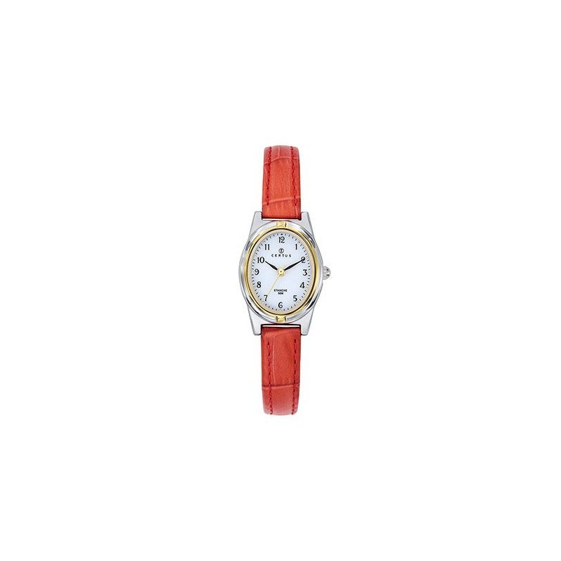 Montre Certus Femme bracelet cuir orange effet croco cadran bicolore ovale fond blanc