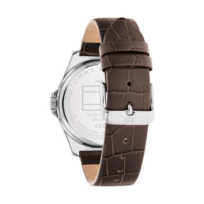 Montre Tommy Hilfiger Homme bracelet cuir marron fond de cadran bleu