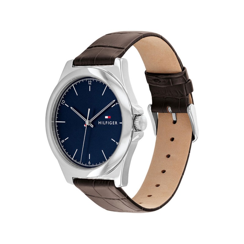 Montre Tommy Hilfiger Homme bracelet cuir marron fond de cadran bleu