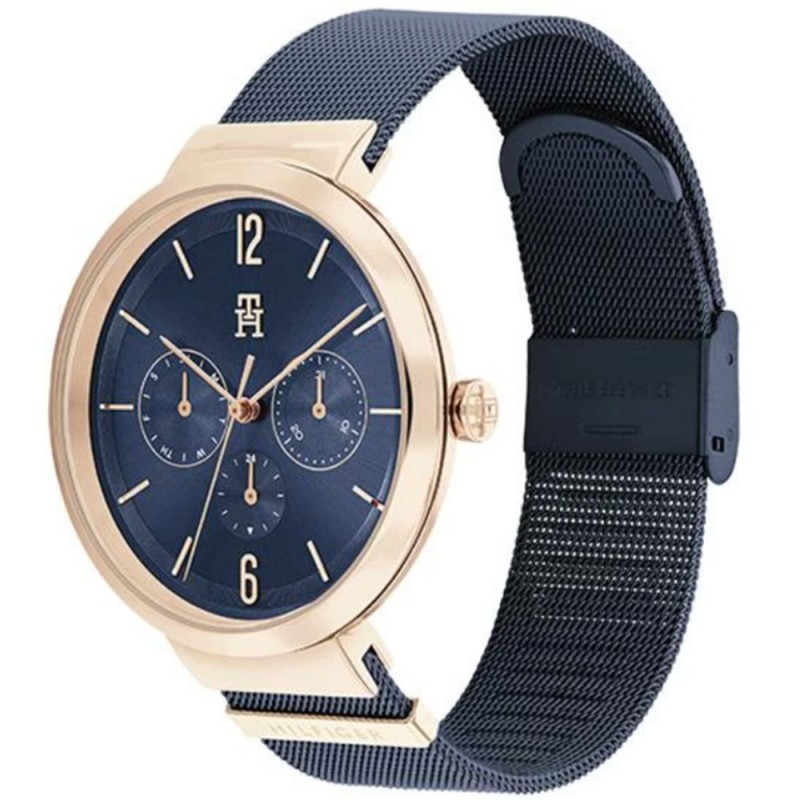 Montre Tommy Hilfiger Femme bracelet milanais bleu boitier cadran doré rose