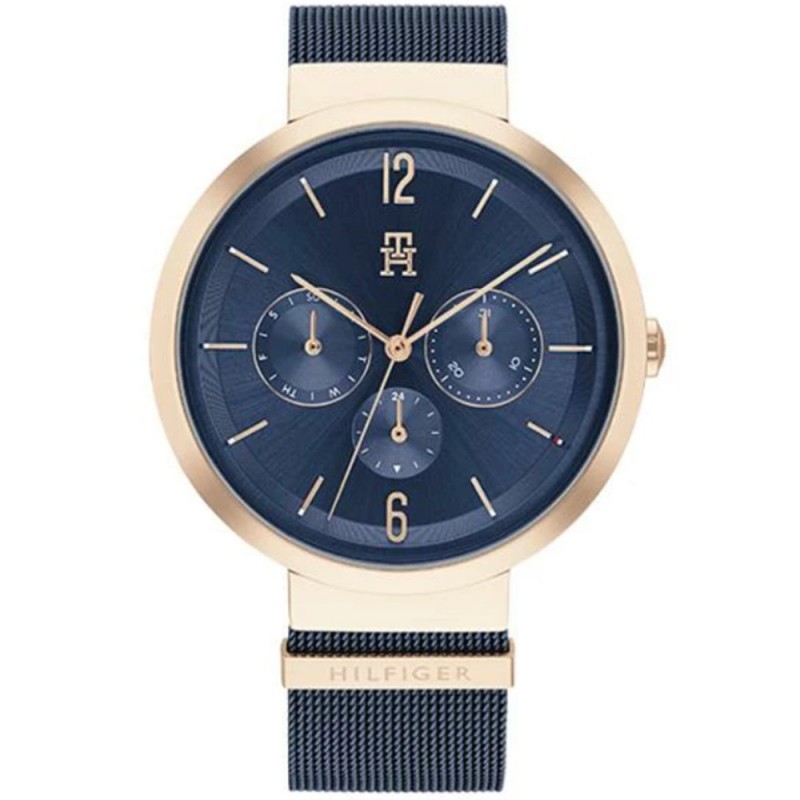 Montre Tommy Hilfiger Femme bracelet milanais bleu boitier cadran doré rose