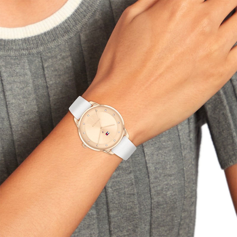 Montre Tommy Hilfiger Femme Paige bracelet cuir blanc index en oxydes de zirconium