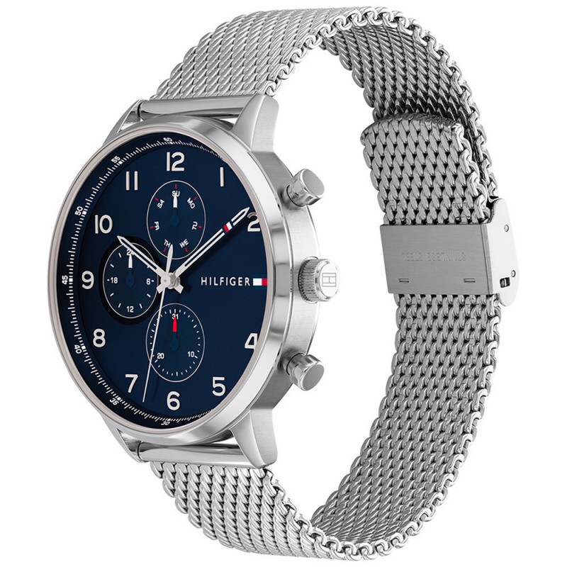 Montre Tommy Hilfiger Leonard multifonction en acier argenté fond bleu