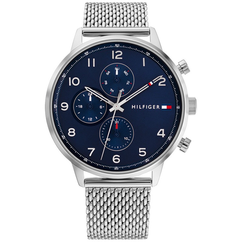 Montre Tommy Hilfiger Leonard multifonction en acier argenté fond bleu