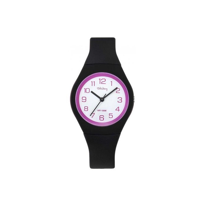 Montre Tekday Enfant silicone noir fond blanc lunette et index rose