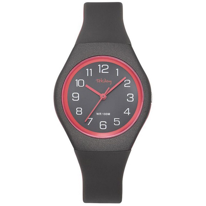 Montre Tekday Enfant silicone gris fond gris lunette et aiguilles rouge