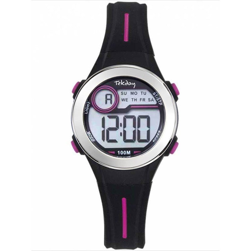Montre Tekday Enfant digital silicone noir et rose avec chronomètre
