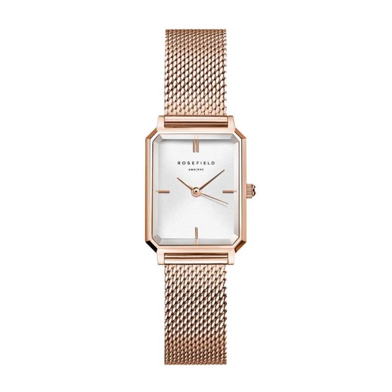 Montre Femme Rosefield Collection Octagon XS Blanc Bracelet en Acier milanais doré rose