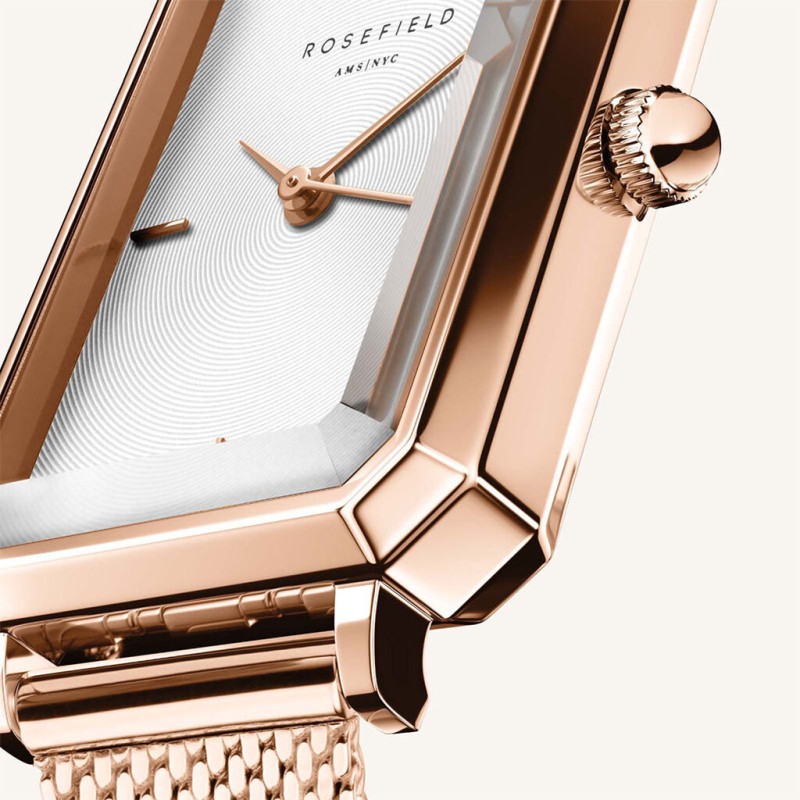 Montre Femme Rosefield Collection Octagon XS Blanc Bracelet en Acier milanais doré rose