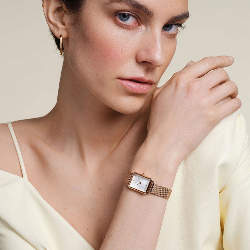 Montre Femme Rosefield Collection Octagon XS Blanc Bracelet en Acier milanais doré rose