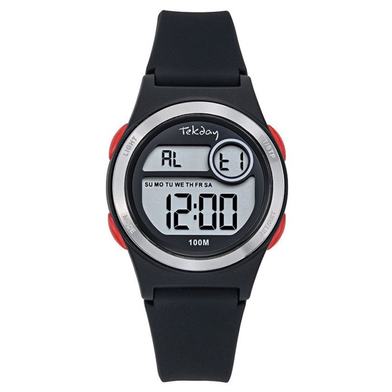 Montre Tekday Enfant digital silicone noir boutons rouge multifonctions