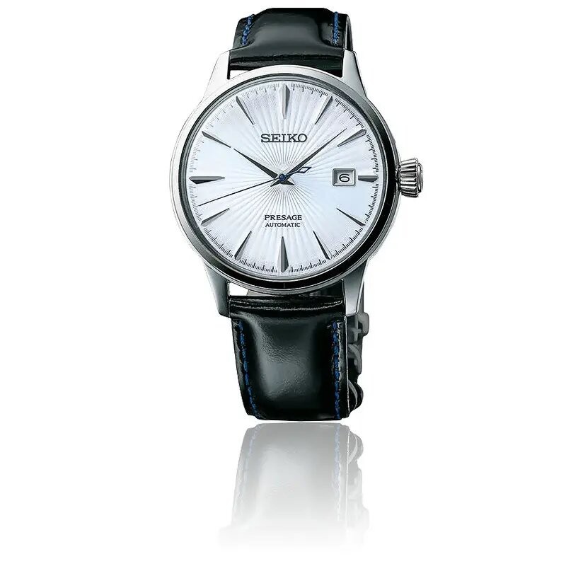 Montre Homme Seiko présage automatique cocktail sky diving bracelet cuir noir lisse surpiqures bleues