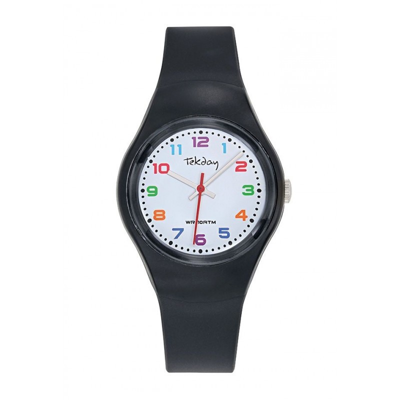 Montre Tekday Enfant silicone noir fond blanc index multicolores