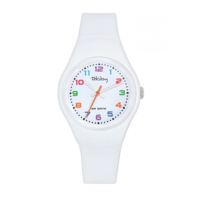 Montre Tekday Enfant silicone blanc fond blanc index multicolores