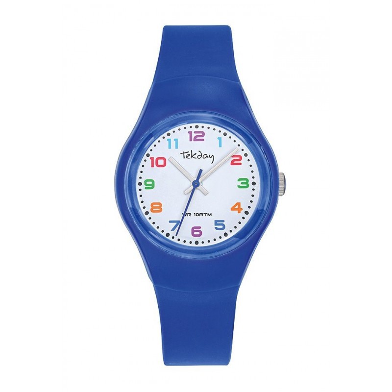 Montre Tekday Enfant silicone bleu fond blanc index multicolores