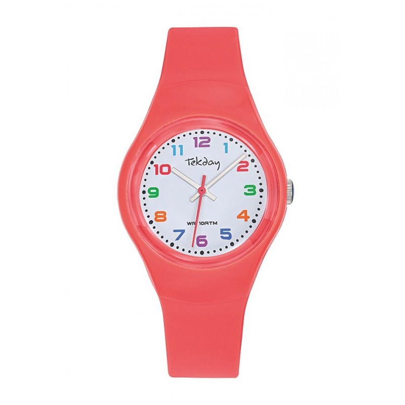 Montre Tekday Enfant silicone rose fond blanc index multicolores